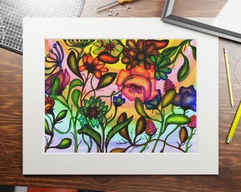 Matted Wall Art Print: "Rainbow Garden". Nature Poster, Colorful  Floral Picture, Maximalist Wall Art, Bohemian Decor
