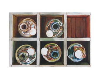 Canvas Print: "Bottles in Crate". Original Artwork. Gift for Art Lover. Bar, Office, Kitchen Decor, Housewarming Gift