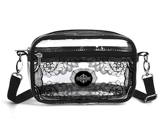 Black Brocadesque Clear Stadium Bag, Concert Crossbody Bag, Transparent Handbag for Festivals