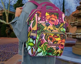 Rainbow Garden Floral Backpack. Laptop & Book Bag, Cute Baby Bag, Stylish Travel Backpack for Students and Moms