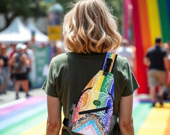Pride Light Design Sling Crossbody Bag with Adjustable Strap. Canvas Backpack for She, He, or They. LGBTQ+ Chest Bag for the Gym or Travel