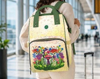 Fairy Garden Canvas Backpack, Extra Large Floral Laptop Bookbag, College Travel Rucksack