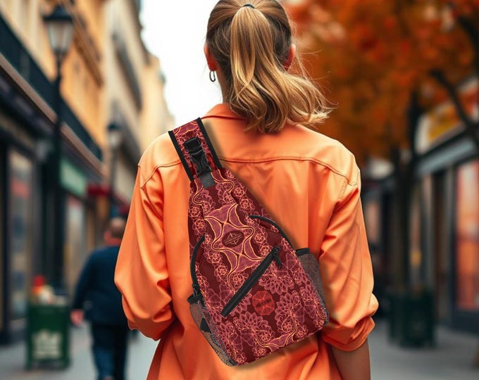 Featured listing image: Crossbody Sling Bag: Crimson Brocadesque. Adjustable Strap. Chest Bag for the Gym or Travel