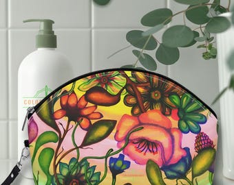 Rainbow Garden Curved Makeup Bag. Cosmetic Organizer Clutch. Vegan Leather Pencil Pouch. Travel Jewelry Case