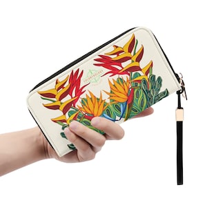 Leather Wallet: Tropical Bouquet. Colorful Zipper Wristlet. Cute PU Faux Leather Clutch or Credit Card Holder