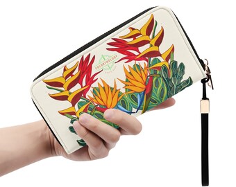 Leather Wallet: Tropical Bouquet. Colorful Zipper Wristlet. Cute PU Faux Leather Clutch or Credit Card Holder