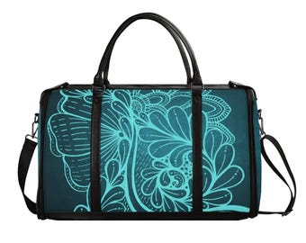 Dark Teal Brocadesque Vegan Leather Duffle Bag. Foldable Travel Bag
