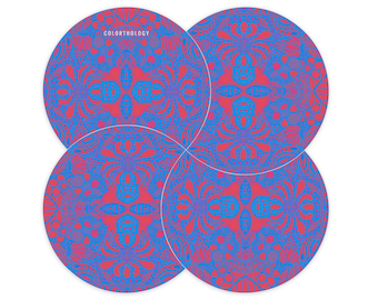 Red and Blue Brocadesque Ceramic Coaster Set. Expandable Trivet. Crescent Shaped Hotpot Mat.