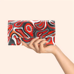 Cartera de cuero de tres pliegues para mujer con goteo de pintura roja. Muñequera con cremallera colorida. Bonito tarjetero de cuero sintético de PU