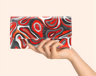 Red Paint Drip Women's Trifold Leather Wallet. Colorful Zipper Wristlet. Cute PU Faux Leather Credit Card Holder