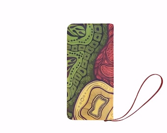 Clutch Wallet - Earth Story. Red Interior. Faux Leather with 8 Pockets, Stylish Compact Purse, Large Elegant Wallet. Mothers Day Gift