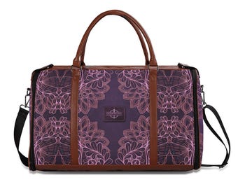 Royal Purple Brocadesque Vegan Leather Duffle Bag. Foldable Travel Bag