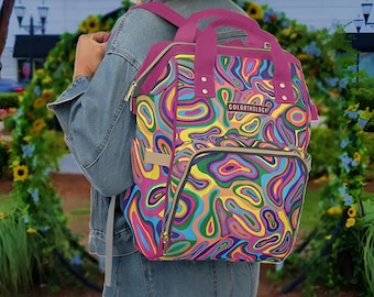 Fuchsia Pink Paint Drip Canvas Backpack. Laptop & Book Bag, Cute Baby Bag, Stylish Travel Backpack for Students and Moms
