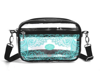 Luxury Blue Clear Stadium Bag: Regal Brocadesque Crossbody, Ethereal Transparent Purse, Something Blue Gift