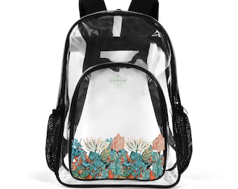 Clear Backpack: Ellie's Garden Design. Large 17 Inch Bag. Transparent School Backpack. Back to School