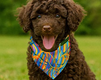 Double-Sided Pet Bandana: Color Waves Design. Adjustable Buckle Dog Collar or Leash. Artist-Designed Collar for Dogs & Large Cats