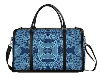Blue Brocadesque Vegan Leather Duffle Bag. Foldable Travel Bag