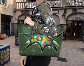 Green Rip Me Up Large Vegan Leather Tote Bag. Women PU Faux Leather Shoulder Handbag Purse