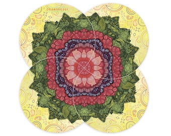 Pink Flower Ceramic Coaster Set. Expandable Trivet. Crescent Shaped Hotpot Mat.