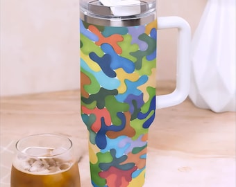 Rainbow Camo 40 oz Tumbler, Stainless Steel with Black Handle and Straw. Insulated Travel Mug for Hot/Cold Beverages