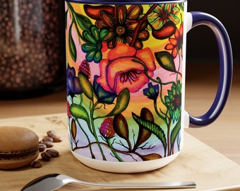 Rainbow Garden Two-Tone Floral Coffee Mug. Unique Ceramic Birthday, Mother's Day, or Secret Santa Gift
