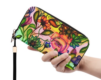 Leather Wallet: Rainbow Garden. Colorful Zipper Wristlet. Cute PU Faux Leather Clutch or Credit Card Holder