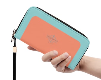 Aqua Coral Vegan Leather Zipper Wristlet Wallet. PU Faux Leather Clutch