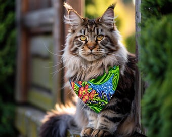 Double-Sided Pet Bandana: Kauai Flowers Design. Adjustable Buckle Dog Collar or Leash. Artist-Designed Collar for Dogs & Large Cats
