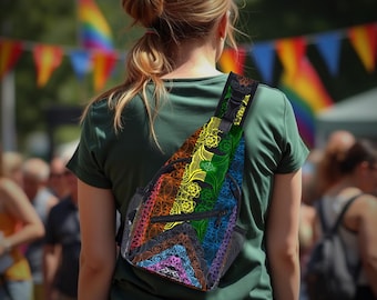 Pride Dark Design Sling Crossbody Bag with Adjustable Strap. Canvas Backpack for She, He, or They. LGBTQ+ Chest Bag for the Gym or Travel