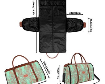 Luxury Teal Duffle Bag: Designer Vegan Leather Weekender, Foldable Carry-on Luggage, Brocadesque Travel Tote