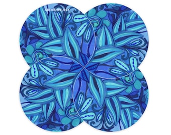 Blue Meadow Ceramic Coaster Set. Expandable Trivet. Crescent Shaped Hotpot Mat.