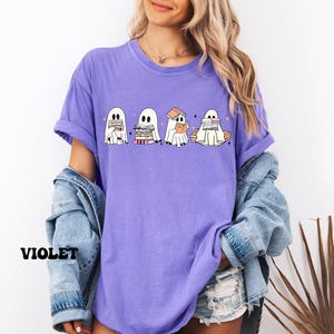 Comfort Colors® Ghosts Reading Books Shirt, Book Club Shirt, Fall Books Lover Gift, Cute Little Ghost Shirt, Women&#39;s Halloween Spooky  Shirt