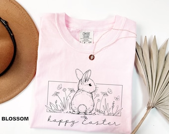 Comfort Colors® Happy Easter Shirt, Funny Easter Bunny Shirt, Floral Bunny Shirt, Bunny Flowers Shirt, Easter kids Shirt, Womens Easter Gift