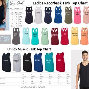 The image is a size chart for ladies racerback tank tops, featuring a variety of colors and styles. It includes a collage of images showcasing different tank tops in various sizes and colors, along with a mannequin wearing a black tank top. The chart provides measurements and descriptions for each tank top, allowing customers to choose the color and style that best fits their preferences and body type.