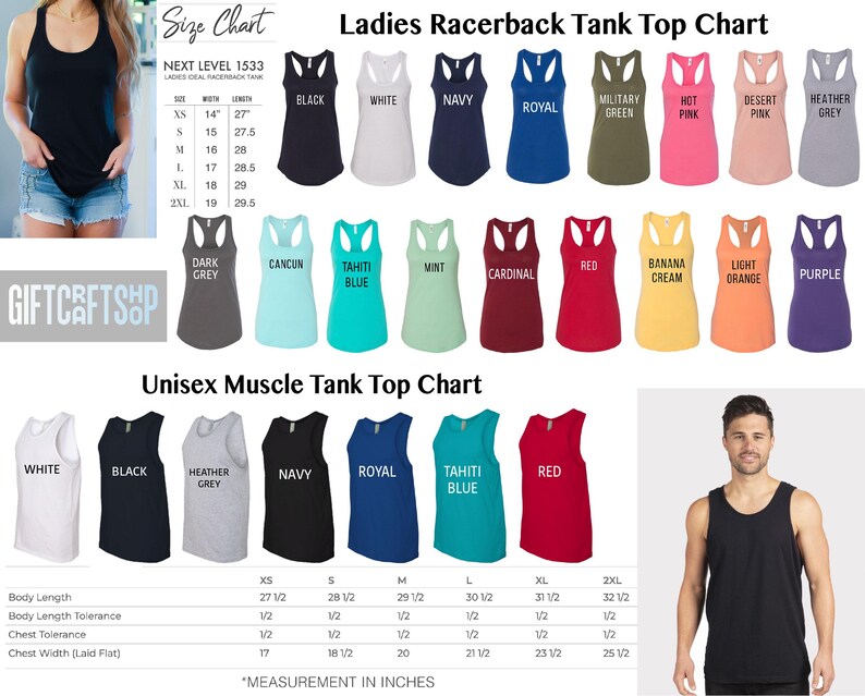 The image is a size chart for ladies racerback tank tops, featuring a variety of colors and styles. It includes a collage of images showcasing different tank tops in various sizes and colors, along with a mannequin wearing a black tank top. The chart provides measurements and descriptions for each tank top, allowing customers to choose the color and style that best fits their preferences and body type.