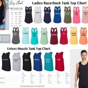 The image is a size chart for ladies racerback tank tops, featuring a variety of colors and styles. It includes a collage of images showcasing different tank tops in various sizes and colors, along with a mannequin wearing a black tank top. The chart provides measurements and descriptions for each tank top, allowing customers to choose the color and style that best fits their preferences and body type.