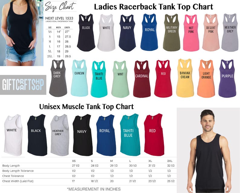 The image is a size chart for ladies racerback tank tops, featuring a variety of colors and styles. It includes a collage of images showcasing different tank tops in various sizes and colors, along with a mannequin wearing a black tank top. The chart provides measurements and descriptions for each tank top, allowing customers to choose the color and style that best fits their preferences and body type.