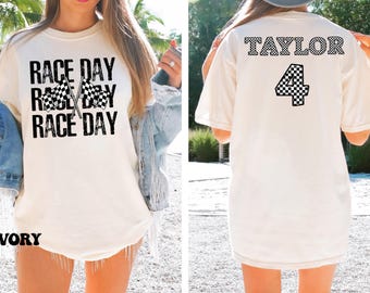 Comfort Colors® Custom Racing Day Shirt, Racing Season Mom Shirt, Custom Racing Gift, Checkered Race Shirt, Player Name Car Racing Shirt