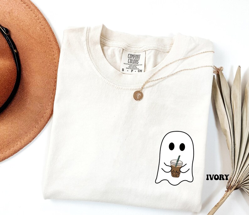Comfort Colors® Ghost Drinking Coffee Shirt, Pocket Ghost Shirt, Little Ghost Tee, Ghost Iced Coffee Tee, Coffee LoversTee, Boo Ghost Shirt image 4