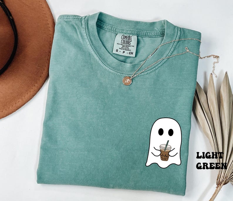 Comfort Colors® Ghost Drinking Coffee Shirt, Pocket Ghost Shirt, Little Ghost Tee, Ghost Iced Coffee Tee, Coffee LoversTee, Boo Ghost Shirt image 6