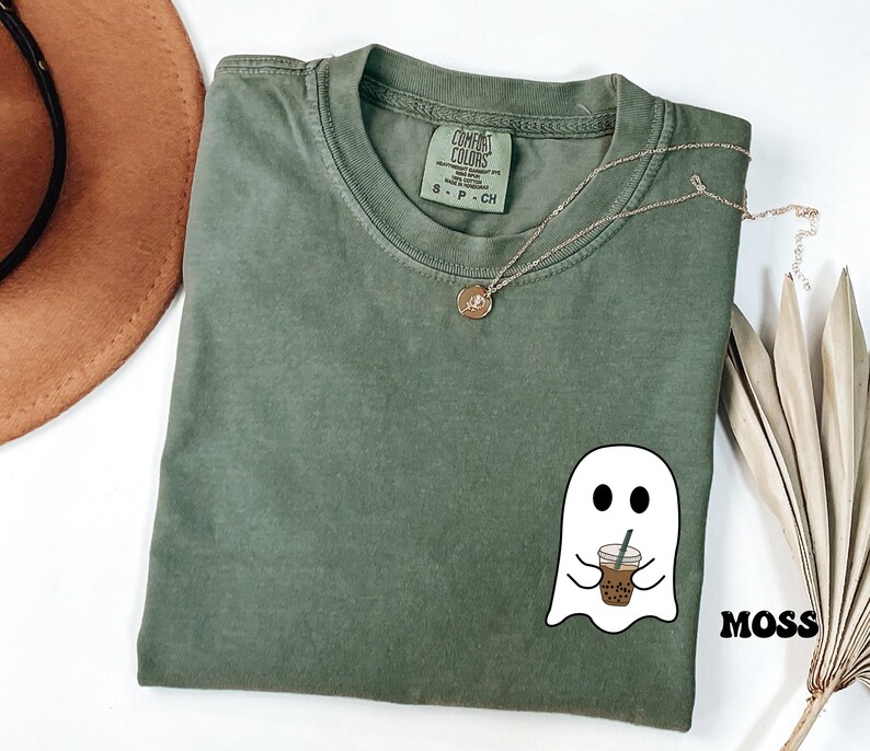 Comfort Colors® Ghost Drinking Coffee Shirt, Pocket Ghost Shirt, Little Ghost Tee, Ghost Iced Coffee Tee, Coffee LoversTee, Boo Ghost Shirt image 3