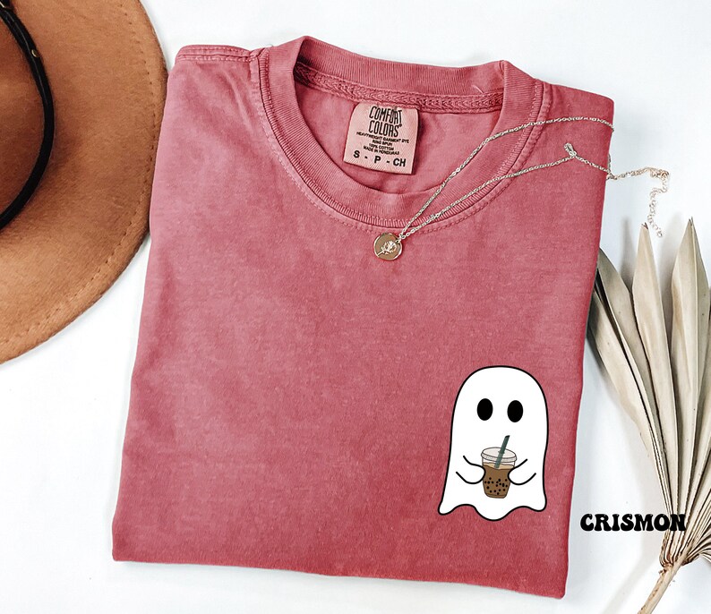 Comfort Colors® Ghost Drinking Coffee Shirt, Pocket Ghost Shirt, Little Ghost Tee, Ghost Iced Coffee Tee, Coffee LoversTee, Boo Ghost Shirt image 2