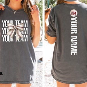 Comfort Colors® Custom Baseball Shirt, Your Name Baseball Team Shirt, Baseball Game Day Shirt, Women Baseball Bow Shirt, Baseball Mom Gift