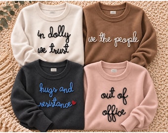 100% Mongolian Cashmere Sweater , Large Cursive Chain Stitch, Lingua Franca Style, Entirely Hand-Embroidered