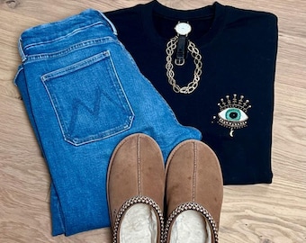 Hand Embroidered Evil Eye Crewneck Sweatshirt, Negative Energy Protection