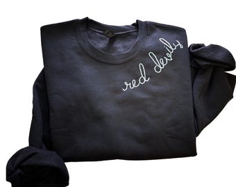 Custom Chain Stitch Embroidered Sweatshirt • Personalized Text • Red Devils • Lingua Franca Apparel
