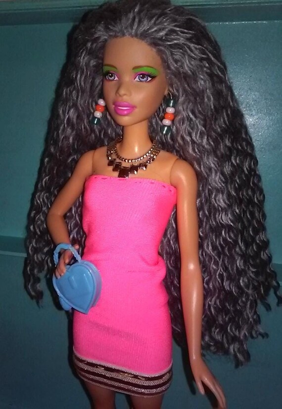 Custom Wavy Grey Hair Doll in Pink Dress Ooak AA Etsy