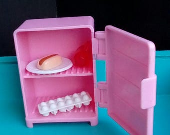 Fashion Doll house pink mini refrigerator & food