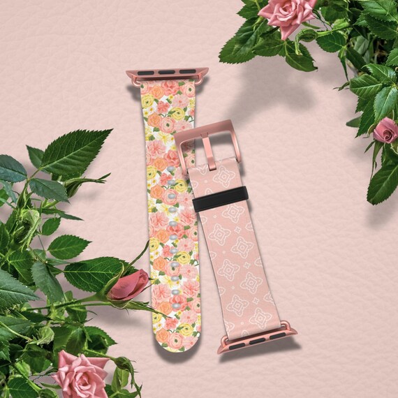 Pink Floral Apple Watch Band: Vegan Leather Iwatch Strap  display picture 3
