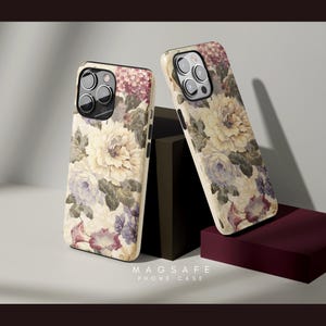 Floral Aesthetic MagSafe iPhone Case 16, 15, 14 Pro Max Plus, Luxurious Floral Pattern, Protective,  White Floral Design, Gift for her